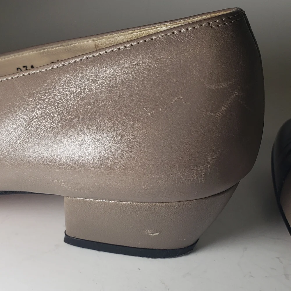 Ferragamo Tan and Black Gold Logo Heels - Picture 5 of 8